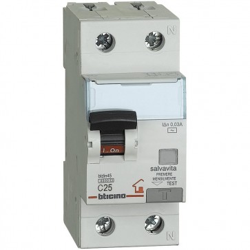 BTicino GC8813AC25 BTDIN Interruttore Magnetotermico Differenziale 1P+N, 4.5 kA, Idn 0.03 A, In 25 A
